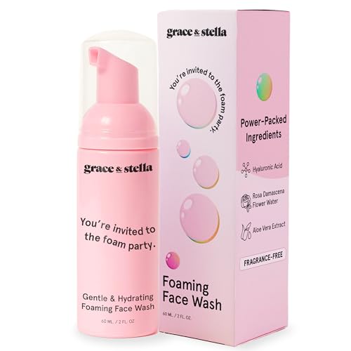 grace & stella Award Winning Travel Face Wash 60ml Hydrating & Gentle Foaming Facial Cleanser with Hyaluronic Acid, Rose Water, Aloe Vera - Moisturizing Cleansing Foam for Normal to Very Dry Skin