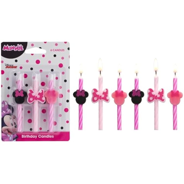 Disneys Minnie Mouse Birthday Cake Candles | 6 Birthday Candles for Cake Decorations, Pink Stripe Candles, Cake Toppers for Minnie Mouse Party