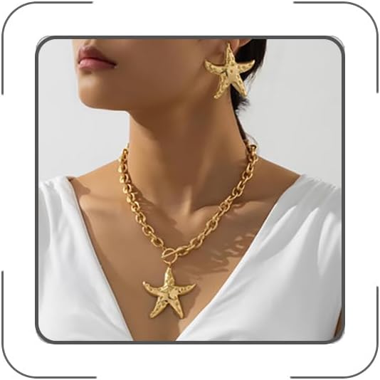 Gold Starfish Necklaces for Women Bohemian Mermaid Necklaces Summer Ocean Seashell Charm Necklace Mermaid Jewelry Hawaiian Surf Beach Jewelry Halloween 2025 Fashion Jewelry