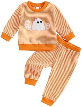 Toddler Baby Girl Halloween Outfit Pumpkin Ghost Stripe Waffle Knit Sweatshirt & Pants Set Fall Clothes