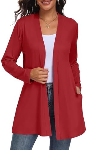 QIXING Womens Casual Lightweight Cardigan with Pocketes Long Sleeve Open Front Cardigan