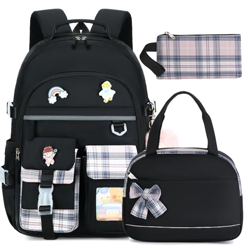 Backpack for Girls 15.6 Inch Laptop School Bag Kids Elementary College 3pcs Backpacks Lunch box Pencil Case Set Bookbags for Girls Teen Women Student Black