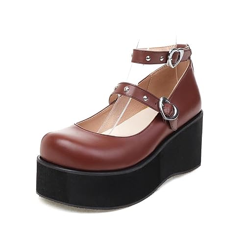 Elbslutt Womens Goth Mary Jane Shoes Platform Kawaii Cosplay Girls Lolita Shoes Round Toe Buckle Strap Chunky Wedge Heel Bow Rivet Y2k Ankle Strap Dress Pumps Shoes Oxfords