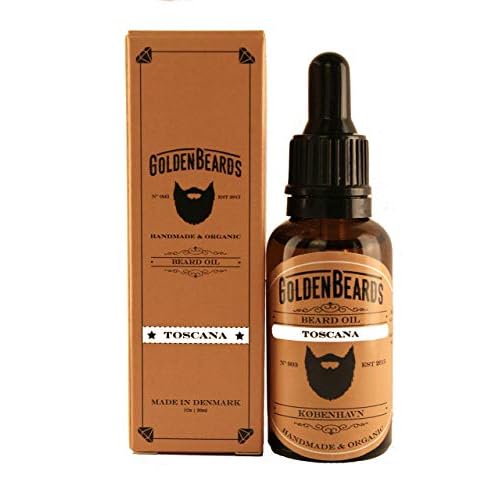 Golden Beards Organic Beard Oil for Men - Toscana Beard Oil with Jojoba, Argan & Apricot Oils - Aromatic Juniper & Ginger Blend 30ml1 oz Vegan Beard Moisturizer, Handmade in Denmark.