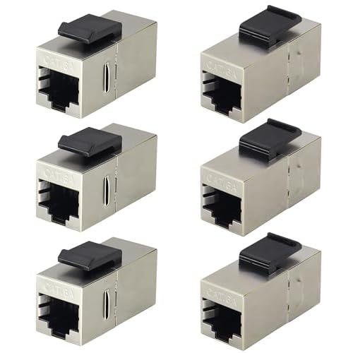 CAT6A RJ45 Keystone Coupler Shielded, 6-Pack Silver, 10Gbps Cat6A Inline Keystone Jacks for Wall Plate & Patch Panel, RJ45 Ethernet Coupler