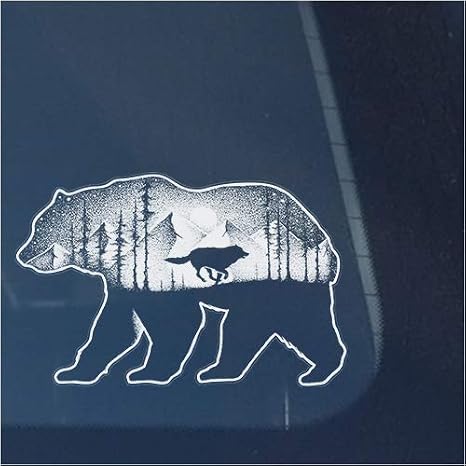 Bear and Wolf in Mountains with Trees Clear Vinyl Decal Sticker for Window, Moon and Stars Sign Art Print Design
