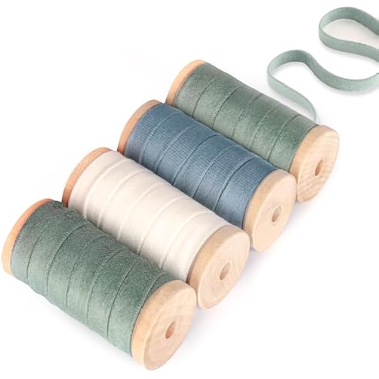 Velvet Ribbon 38 x 20Yd Fabric Ribbon 4 Rolls Christmas Vintage Wooden Spool Ribbons for Christmas Tree Wreath Decoration Handmade Crafts Ornaments Ribbon for Gift Wrapping Bow Making