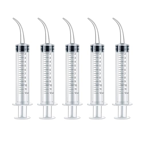 5 Pack Dental Syringe Disposable 12ml Dental Irrigation Syringe with Curved Tip for Oral, Dental Care, Tonsil Stone Squirt, Feed Pet, Liquid Injection, Oil, Glue, With Clear Measurement C 5 Pack 12ml