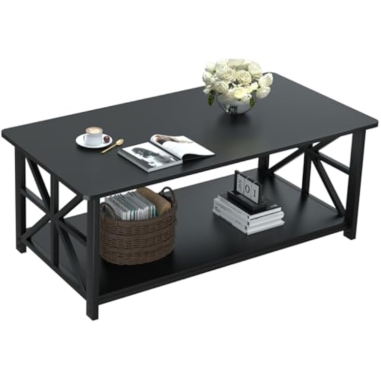 GreenForest Coffee Table with Round Corner, Farmhouse Center Table with 2-Tier Storage Shelf X-Frame Design for Living Room, 39 inch Black