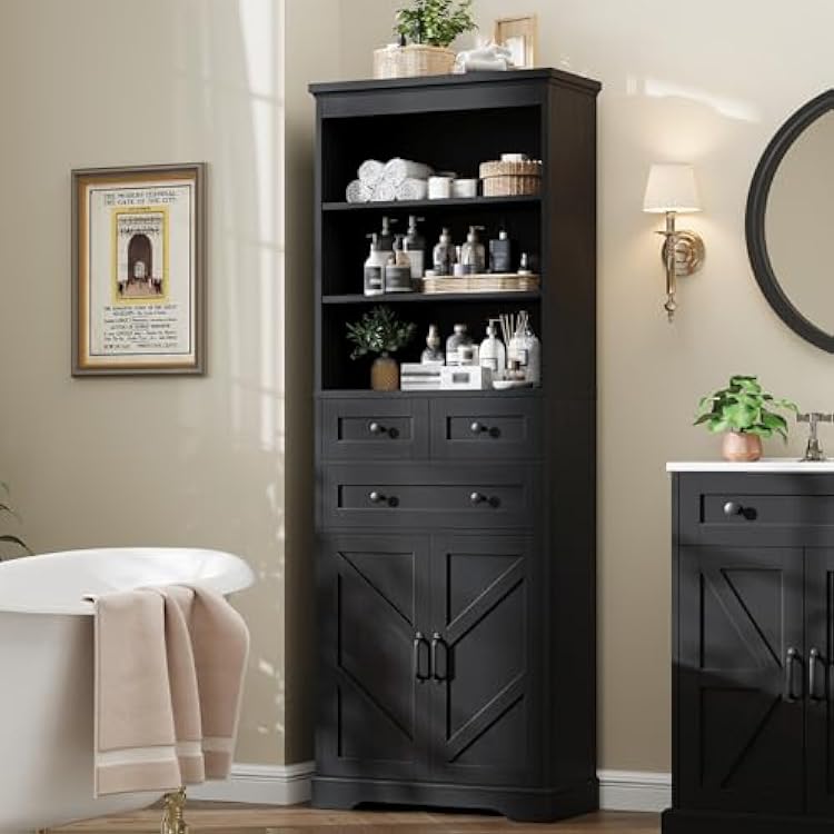 Vabches Farmhouse Bathroom Cabinet, 70 Tall Bathroom Storage Cabinet with 3 Drawers, Adjustable Shelves & Doors, 3 Tier Wood Cabinets for Bathroom, Living Room, Kitchen, Rustic Black