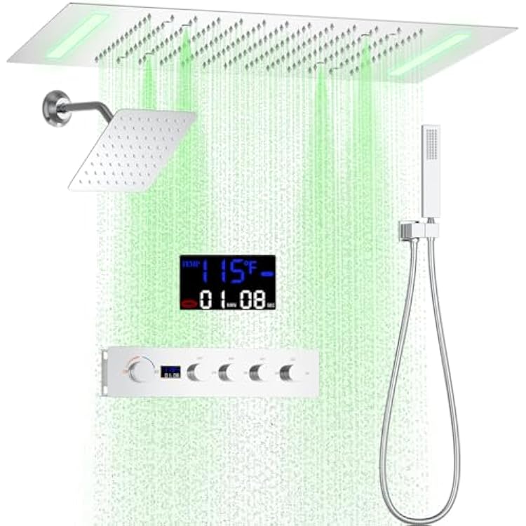 Bathroom Shower Diverter Valve 4 Functions Digital Temperature Display,Ceiling 14x20 2-Function Shower Head and 8 inch Wall Mounted Shower Head Combo, Handheld Shower,Chrome