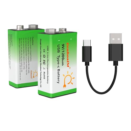 9V Li-ion Rechargeable Battery, 9 Volt1200mAh10800 mWh Long Lasting Rechargeable Batteries with Micro-USB, 1000 Cycles Charge, 1.5 Hrs Fast Charging, LED Indicator 2 Pack 9V