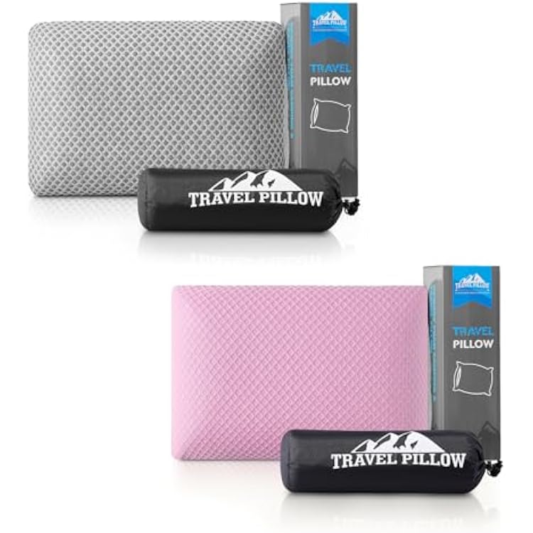 Travel Pillow Memory Foam Pillows, Light Grey S Size, Apricot Pink L Size, Ideal Backpacking Hiking, Bed Pillows, Airplane and Car