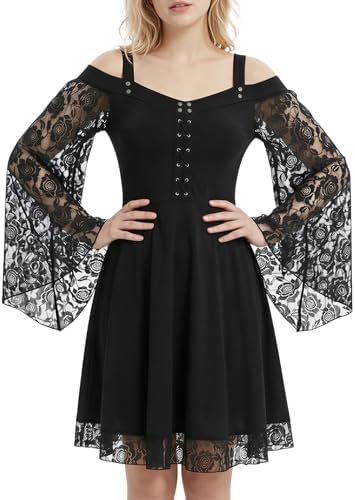 Women Halloween Plus Size Open Shoulder Lace Half Sleeve Gothic Dress Swing Steampunk Gothic Dress Burgendy