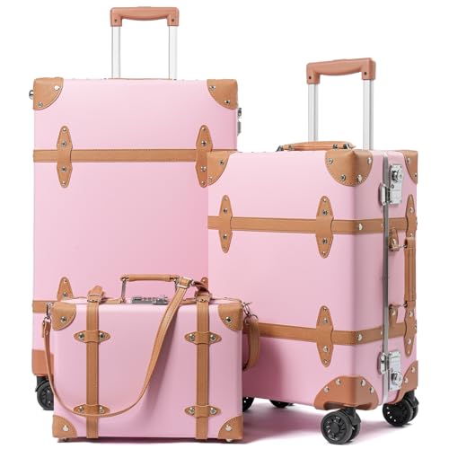 Vintage PU Leather Luggage Set, Retro Trunk Suitcase with Wide Aluminum Frame, TSA Key Locks and Smooth 360 Spinner Wheels Blush Pink,122026