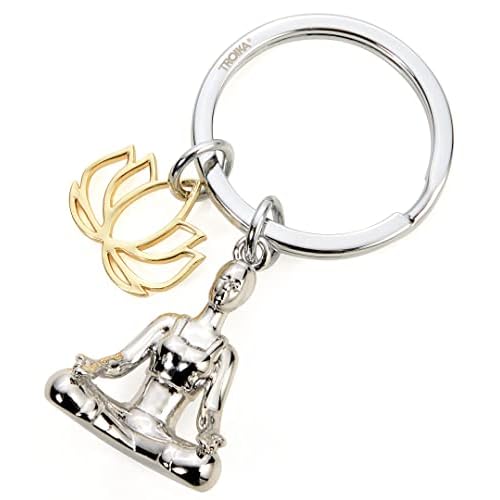 TROIKA YOGA KR22-01CH Keyring with 2 charms woman in meditation posture and blossom of the lotus flower cast metal shiny gold-coloured, silver-coloured TROIKA-original
