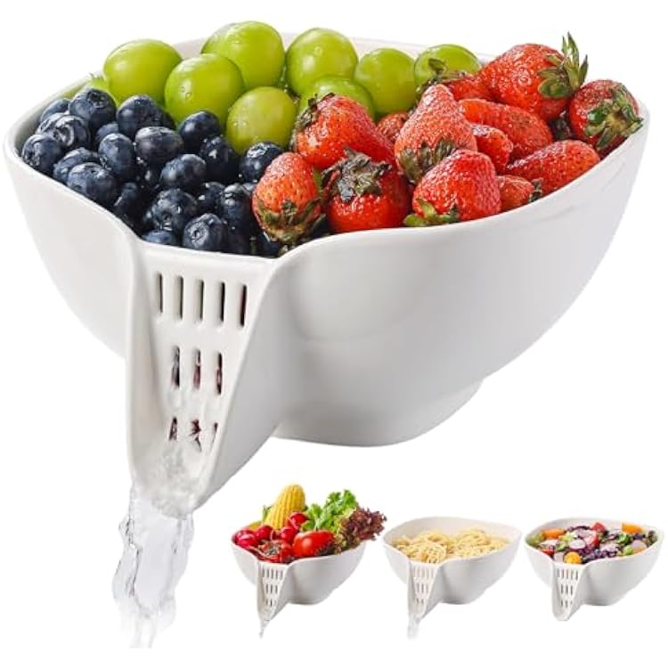 Dizada Multifunctional Ceramic Drain Basket with Integrated Drain Spout, Colander for Kitchen 60 Oz Large Capacity Food Strainer for Vegetable, Fruits, Pasta, Salad, Heat-Resistant, Dishwasher-Safe