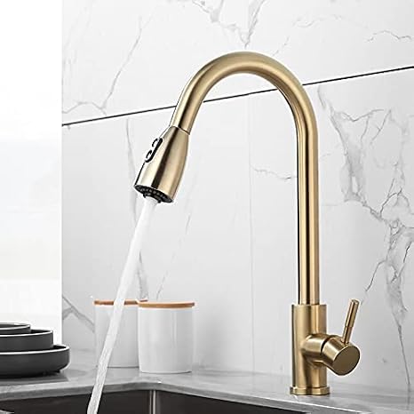 Kitchen Sink Tap for Bar Farmhouse Commercial Brushed Gold Kitchen Faucet, Single Handle Pull Out Kitchen Tap, Single Hole 1 Handle Swivel Kitchen Mixer Tap Color: Brushed gold New