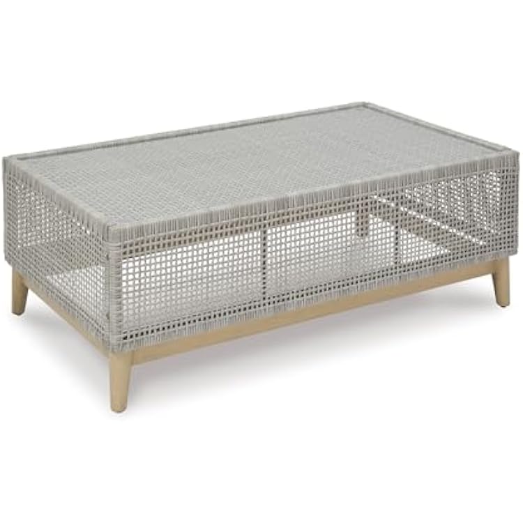 Signature Design by Ashley Seton Creek Casual Resin Wicker Outdoor Coffee Table with Tempered Glass Tabletop, Light Gray & Light Brown