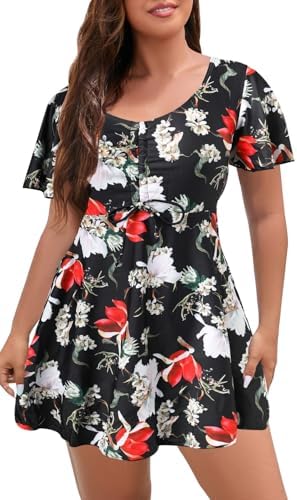 ECUPPER Womens One Piece Swimsuit with Sleeves Plus Size Swim Dress Modest Tummy Control Skirt Bathing Suit Built in Shorts