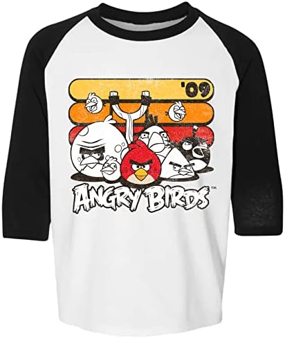 Angry Birds Official Retro Red Stripes Printed 34 Sleeve Raglan 100% Cotton T-Shirt for Boys, Girls, Unisex