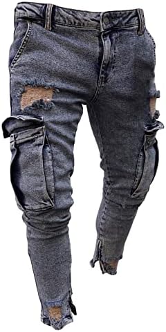 Mens Casual Hip Hop Jeans Side Pocket Slim Fit Pencil Jean Pants Fashion Skinny Cargo Pockets Denim Trousers