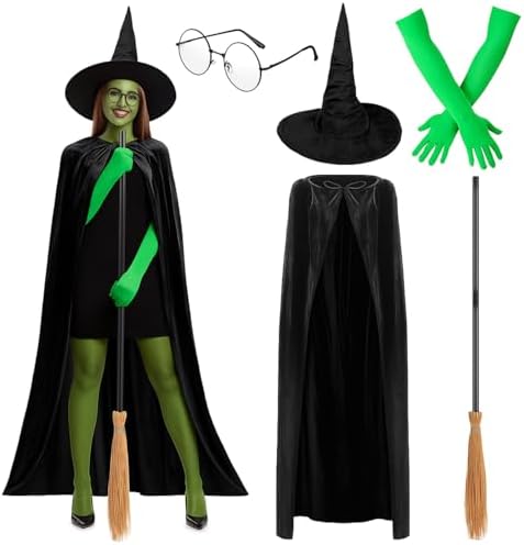 Mepase 5 Pcs Halloween Green Witch Costume Accessories Include Black Cloak Cape Witch Hat Glasses and Broom Gloves for Women Adult Halloween Movie Cosplay Props Role Playing Party Outfits Props