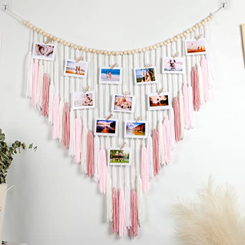 Macrame Wall Hanging with Wood Beads - Bohemian Wall Decor for Bedroom, Living Room Kitchen Home Decor Room Decor Boho Wall Hanging Decor, Gifts for Women Photo Display Cilp Holder Pink 35 X 36'