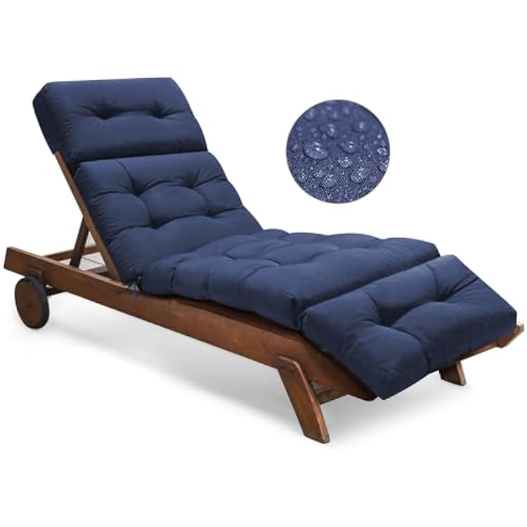 Waterproof Outdoor Chaise Lounge Chair Cushion 74.4 x 22 x 4.7 Inches Memory Foam Lounge Chair Cushions Replacement for Outdoor Furniture with Ties, Thickened Pool Lounge Chair Cushions, Blue