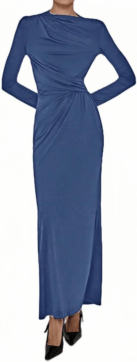 YOXUA Women Elegant Casual Long Sleeve Sexy Bodycon Lounge Temperament Crewneck Maxi Dress