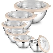 LIANYU 6 PCS Large Mixing Bowls with Visible Lids Set, Size 7, 3.5, 2.5, 2, 1.5, 1QT, Stainless Steel Kitchen Metal Nesting Bowls for Cooking, Baking, Serving, Freezer & Dishwasher Safe, Khaki