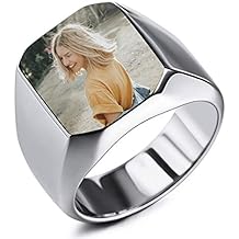 INBLUE Personalized Signet Ring Engraving Color Picture/Black Picture/Blank Custom Photo for Men Women Memorial Stainless Steel Jewelry Bundle with Ring Size Adjusters