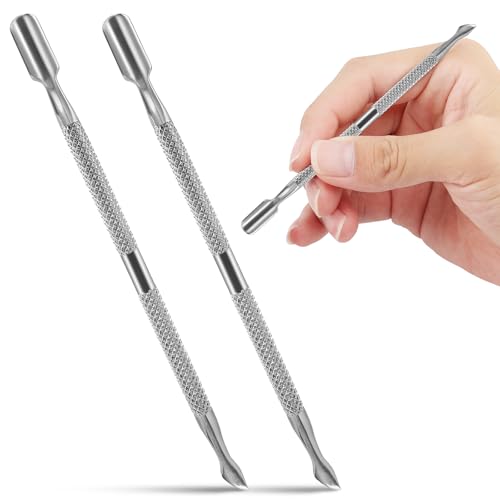 2 Pcs Cuticle Pusher Cutter and Remover, Professional Double Ended Stainless Steel Dual Head Cuticle Pusher Tool Nail Care Polish Remover Cuticle Trimmer, Durable Manicure and Pedicure Tool Silver