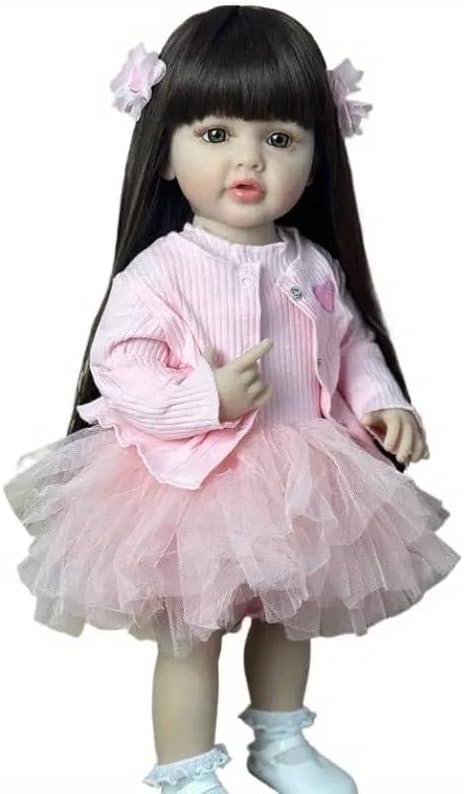 KAWAYII Reborn Baby Doll Girl 22 Inch Lifelike Babies That Look Real Full Soft Vinyl Body Cute Realistic Standing Toddler Girls with Long Hair Beautiful Pink Dress Accessories for Kids Age 3+