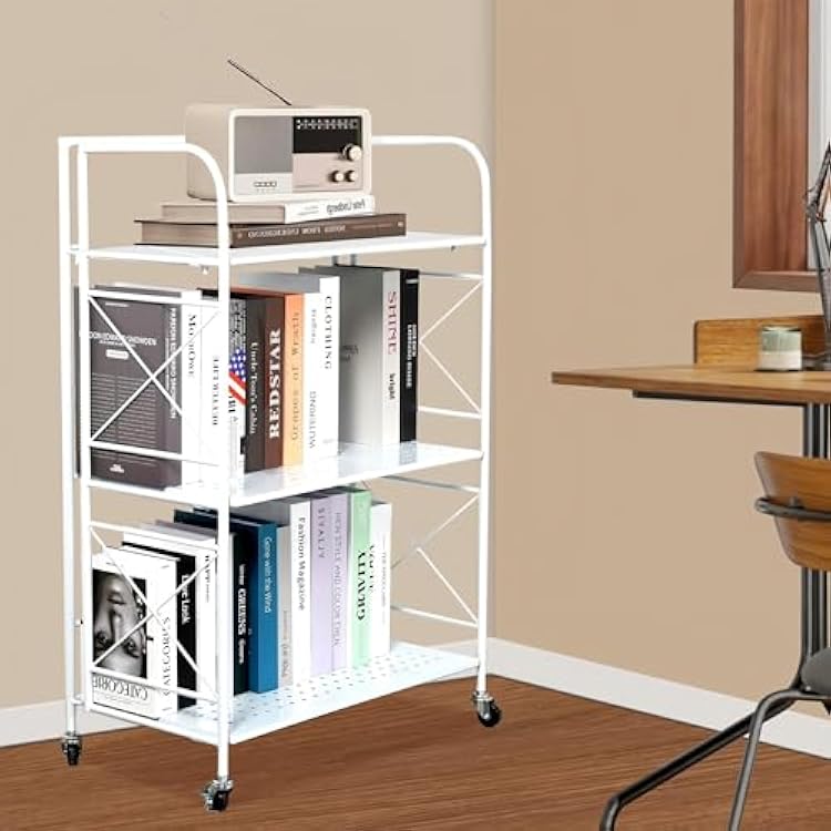 Foldable 3-Tier Metal Shelf with Wheels - Folding Bookshelf Unit for Living Room, Kitchen, Study 12.6 D x 23.6 W x 33.8 H, Glossy White
