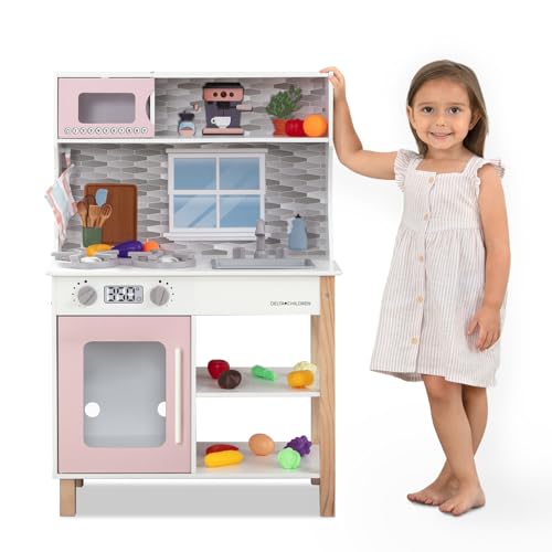 Delta Children Tiny Chef Play Kitchen - Toy Kitchen Playset with Realistic Knobs That TurnClick, Oven, Sink, Microwave and 15 Pieces of Play Food, Pink
