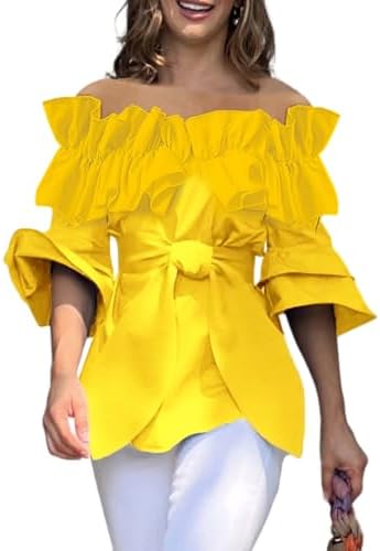 UOOZEE Womens Ruffle Off Shoulder Tops Bell Sleeve Elegant Tie Front Blouse Casual Party Shirts