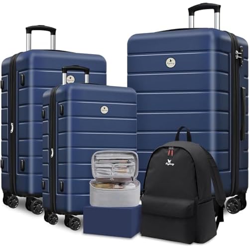 KEYTANG Classic Luggage Sets 5 Piece, Carry-On Luggage with Spinner Wheels, Lightweight Hardside Suitcase Set with TSA Lock, Bonus Travel Backpack & Makeup Bag, 202428 inch, Navy Blue