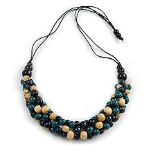 Avalaya Dark Blue/Natural/Teal Cluster Wood Bead Chunky Necklace with Black Cotton Cord - 70cm L