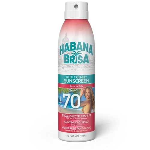 Habana Brisa Reef Friendly Sunscreen Spray SPF 70, Water-Resistant, NON GMO & Vegan, Broad Spectrum SPF 70, NO OXYBENZONE & NO OCTINOXATE, 360 Application, Small-Batch Production, 6 FL OZ