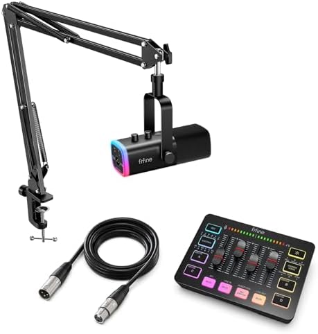 FIFINE Gaming Streaming Bundle with XLR Microphone Kit, PC Mixer, XLR Cable 10ft, Dynamic Mic with Gain Knob, Mute Button, RGB Audio Mixer Set with Individual Control, Volume Fader for Vocal Recording