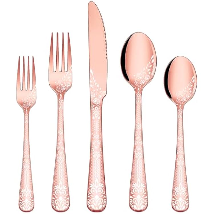 EUIRIO 40 Pieces Silverware Set for 8, Stainless Steel Flatware Set with Unique Floral Laser, Rose Gold Mirror Cutlery Set with Forks Spoons and Knives for Kitchen Restaurant Hotel, Dishwasher Safe