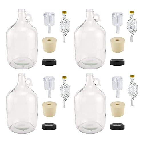 North Mountain Supply 1 Gallon Glass Fermenting Jug with Handle, 6.5 Rubber Stopper, 6-Bubble Airlock, 2-Piece Airlock & Black Plastic Lid - Set of 4