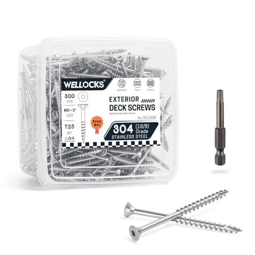 WELLOCKS Deck Screws 304 Stainless Steel #103 300 PCS with T25 Star Torx Drive Flat Head Wood Screws High Corrosion Resistance for Outdoor Wood FenceSS103B