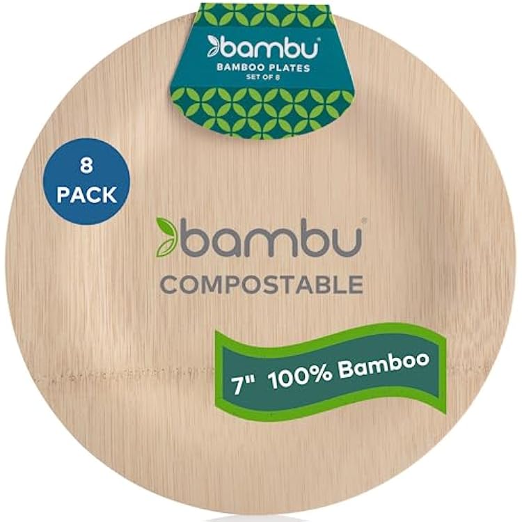 Bambu, Disposable Bamboo Round Plates 7 Inch, Organic, Biodegradable, Eco Friendly, Veneerware Wedding and Party Plates, 100% Natural - 7, Pack of 8