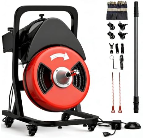 50FTx12 Inch Drain Cleaner Machine with Wheels, Sewer Snake Electric Drain for 2 to 4 Pipes, Plumbing Snake Auger Cleaner with 6 Cutter & Foot Switch for Sewer, Sink, Toilet, Bathroom