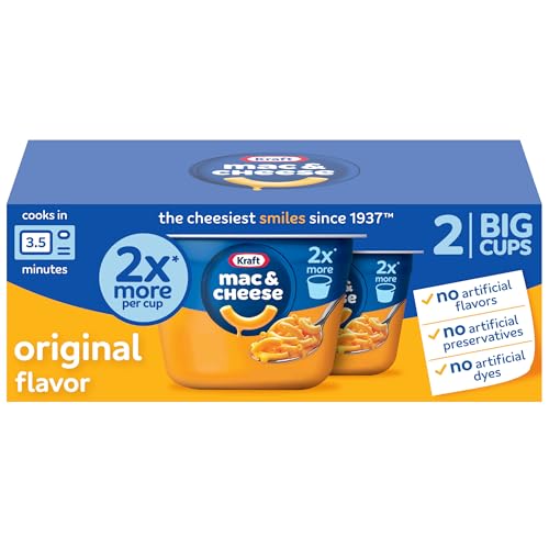 Kraft Mac & Cheese, 2 Big Cups, for Easy Dinner or Dinner Sides, Original Flavor, No Artificial Flavors, Preservatives or Dyes, 4.1 oz