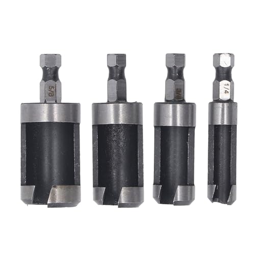 4 Piece Plug Cutter Set, Carbon Steel Construction, Hex Shank, for Woodworking and Furniture Projects