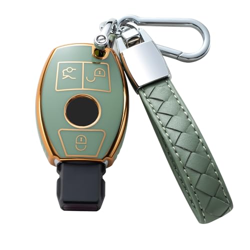 Compatible with Mercedes Benz Key Fob Cover with Leather Lanyard, Car Key Case Shell Protection for Mercedes Benz C E S M CLS CLK G Class Smart Remote Control,Green