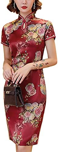 Vintage Floral Print Midi Cheongsam Qipao Dress Mandarin Collar Keyhole Short Sleeve Chinese Style Party Dress
